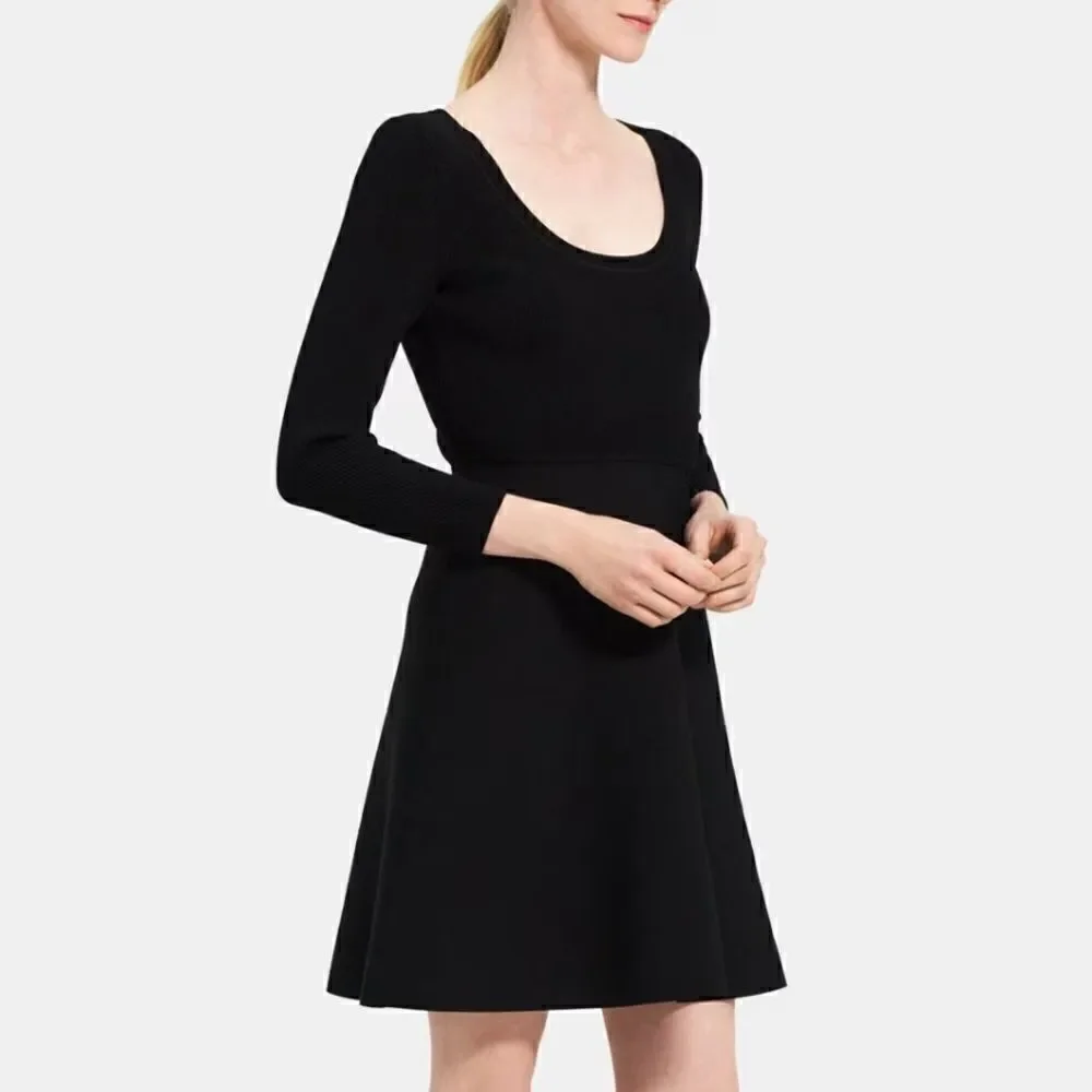 Theory Black Fit & Flare Dress 3/4 Sleeve Scoop Neck Knit Mini Size 2
